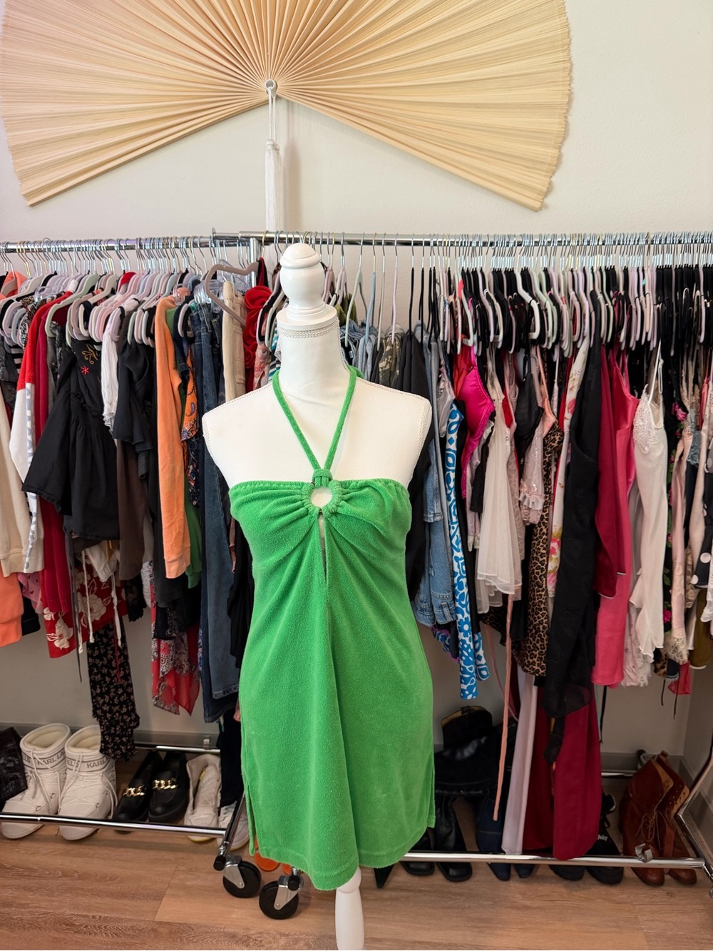 Echo Bright Green Halter Mini Dress with Ring Detail